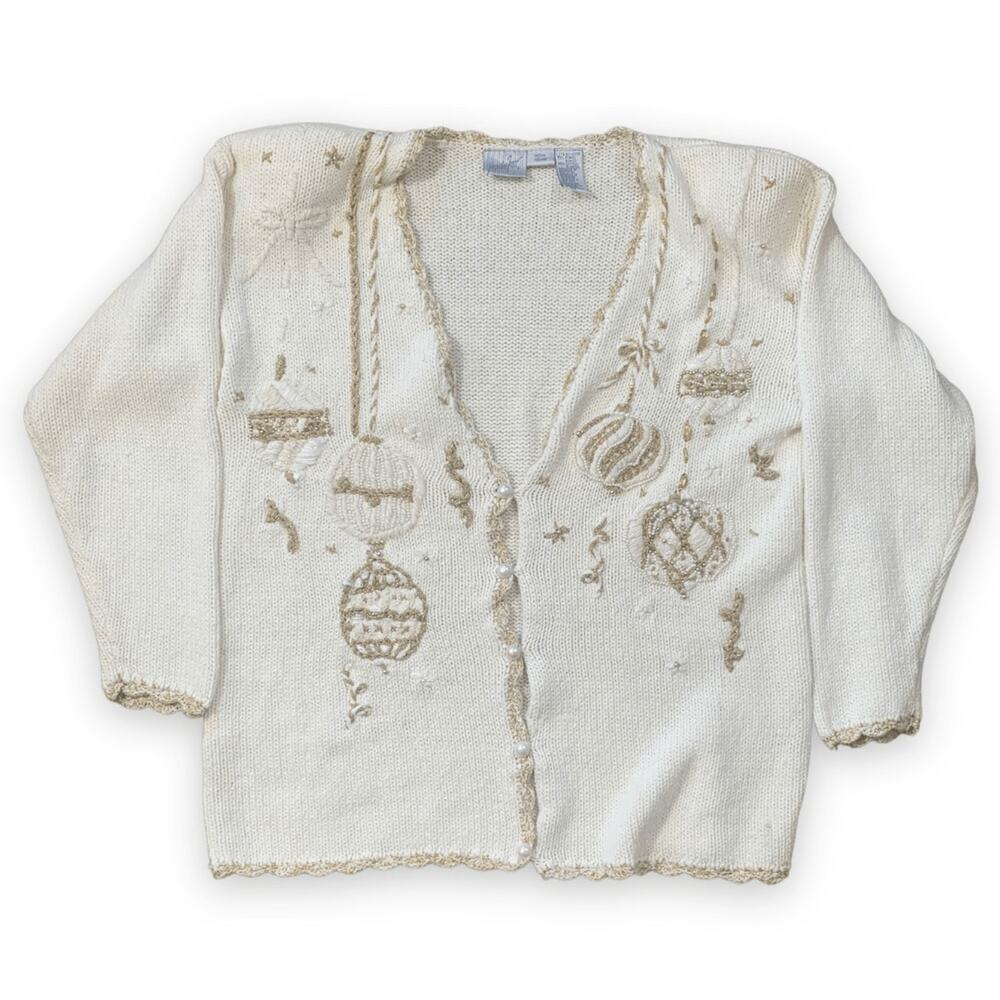 Vintage 90s Jacqueline Ferrar Cream Gold Ornament Knit Cardigan Holiday Sweater